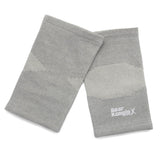 Showing both sides of grey knit knee sleeves